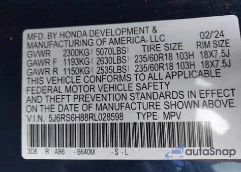 2024 Honda Cr-V Hybrid Sport-L z USA, uszkodzony, nr VIN 5J6RS6H88RL028598
